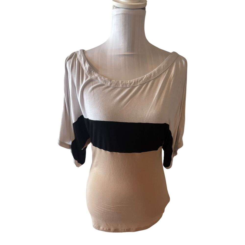 bebe Three-Tone Scoop Neck Blouse in White, Black, Tan